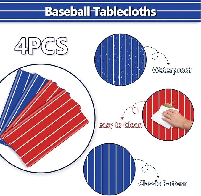 Disposable Baseball Tablecloths, 4 Pcs Plastic Red and Blue Stripe Table Covers for Baseball Birthday Decorations, 51 x 86 inches