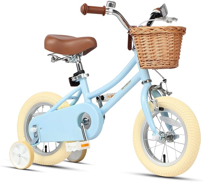 Petimini Vintage Kids Bike for Girls, 12–20 Inch Classic Bicycle with Wicker Basket & Bell, High Tensile Steel Frame, Training Wheels (12–18”), 85% Pre-Assembled, Retro Bike for Outdoor Riding