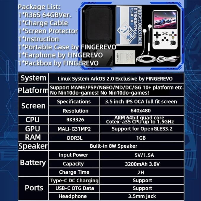 R36S Handheld Game Console 3.5-in 640*480 IPS OCA Screen 3200mAh Opensource System White