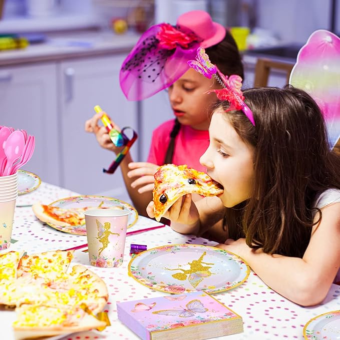 Meanplan 168 Pcs Fairy Party Supplies Fairy Plates and Napkins Fairies Tableware Set Plate Napkins Cups Knives Fork Spoon for Birthday Baby Shower Fairies Enchanted Party Decorations Serves 24 Guests