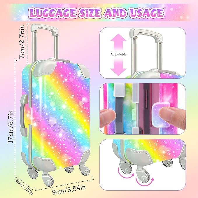 American 18 Inch Doll Accessories Travel Set Brilliant Colors Including Suitcase Luggage and Dress with Hat, Camera, Makeup Sets Dolls Travel Gear Play Set Gift for Birthday (NO Doll)