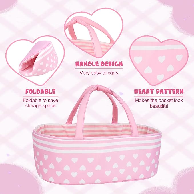 Aori Reborn Baby Dolls Bassinet Foldable Baby Doll Carrier Bed Soft Doll Carrier Doll Accessories with Handle for 17-22 inch Baby Dolls Girls (Pink)