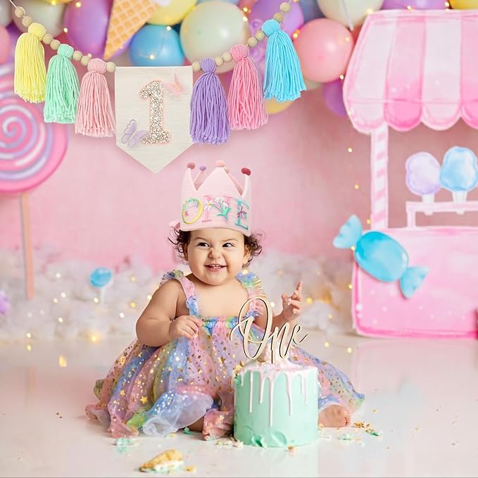 Macaron Butterfly High chair Banner Wood Bead Tassel Garland Crown Hat Wooden Cake Topper Birthday Party Decorations