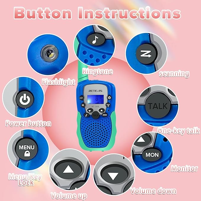 Retevis RT388 Walkie Talkies for Kids, Toys for 6-12 Year Old Boy Girl, Long Range 2 Way Radio 22 Channel with Backlit LCD Flashlight, Kids Gifts for Boys Girls Family Games Outdoor(Blue Green 1 Pair)