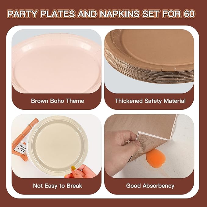180Pcs Brown Paper Plates Party Supplies Boho Paper Plates and Napkins Serve 60 Disposable Tableware Set for Birthday Party Decorations Game Day Family Holiday Sports Events