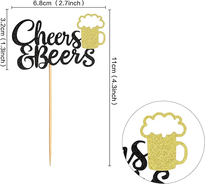 Ercadio 24 Pack Cheers and Beers Cupcake Toppers with Glitter Beer Mug Cupcake Picks Baby Shower Birthday Beers Festival Themed Party Cake Decorations Supplies Black