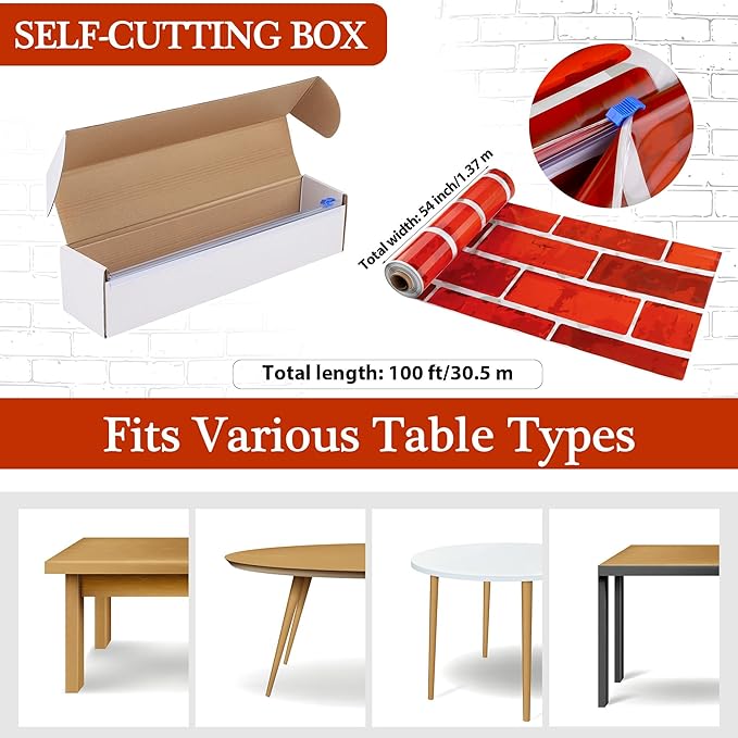 Kochorie 100 Ft x 54 Inch Red Brick Wall Backdrop Tablecloth Roll with Cutter Box Disposable Brick Wrapping Table Cover Bulletin Board for Christmas Halloween Birthday Party, Red
