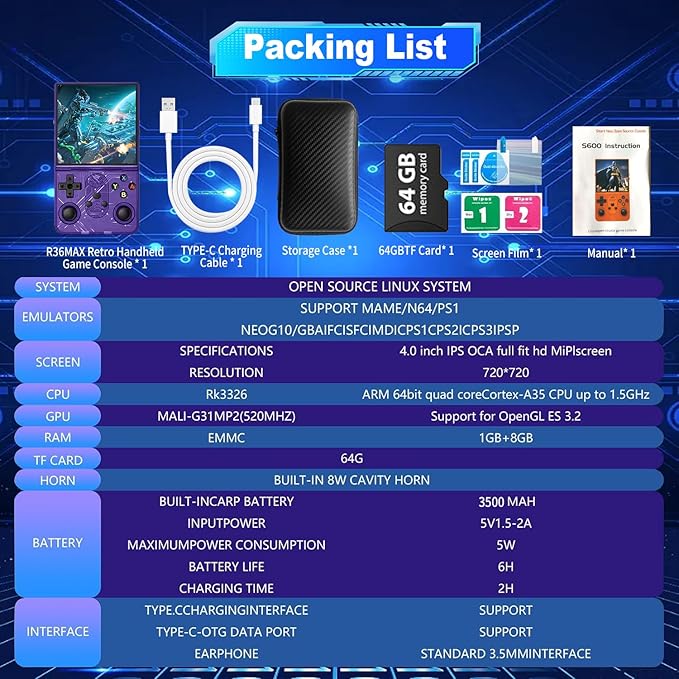 S600 Retro Gaming Console, Retro Handheld Console 4.0'' Screen Linux System, 64G TF Card, Support 30+ Simulators, 3500mAh Rechargeable Portable Pocket Arcade