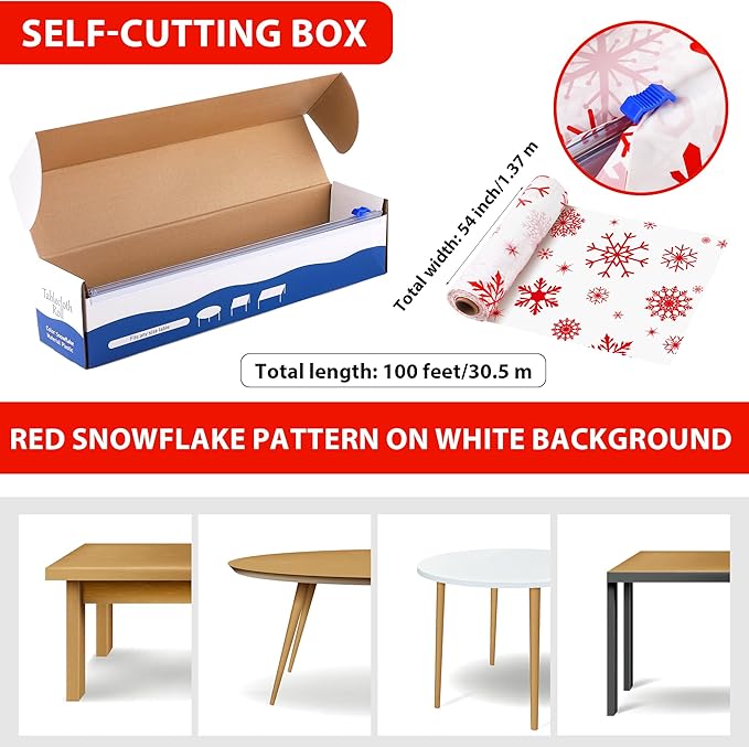 Kochorie 100 Ft x 54 Inch Red Snowflake Tablecloth Roll with Cutter Box Christmas Themed Snowflake Printed Cut to Size Table Cover Disposable Winter Backdrop for Frozen Birthday Party Supplies