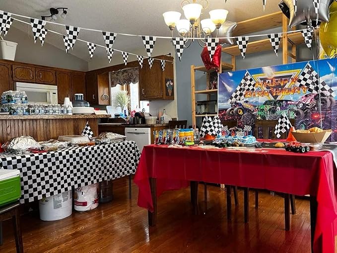 Two Fast Birthday Decro,13ft (2ft Wide)Race Floor Runner(1pc),Racing Checkered Flags (12pcs),16ft Black and White Checkered Banner(1pc),Racing Themed Party Centerpiece Supplies.Two Fast Decorations.Lightning Mcqueen Birthday Decorations
