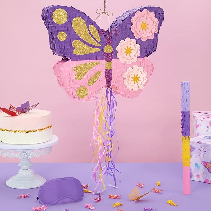 WERNNSAI Butterfly Piñata - Butterfly Birthday Party Supplies Piñata with Stick and Blindfold for Girls Kids Pull String Piñata Family Games Classroom Birthday Party Decorations 16.4” x 12.4”
