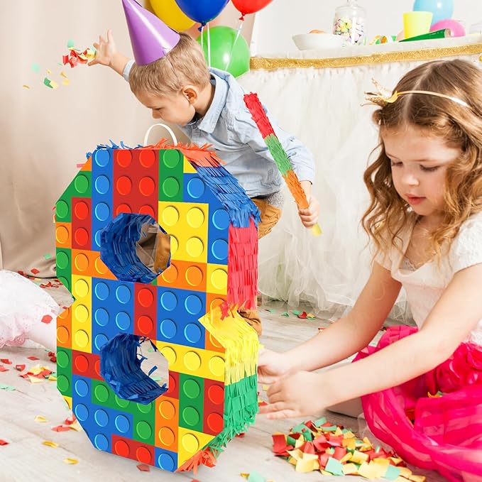 Number 8 Pinata with Blindfold and Bat Stick Building Block 8th Birthday Decorations for Kids Boys Girls Building Block Birthday Party Games Number Pinata for Fiesta