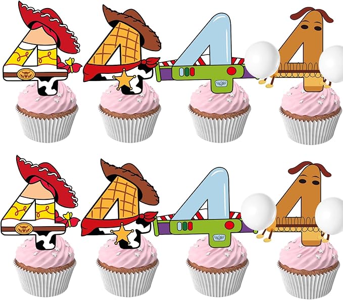 40pcs Cartoon Story Cupcake Toppers 4th Birthday for Boys Girls 4th Birthday Party Supplies Decorations