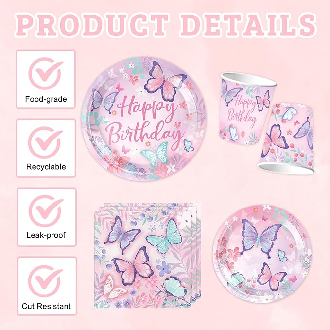 Butterfly Birthday Party Supplies Decorations Tableware Set Serves 25 Butterfly Disposable Paper Plates Napkins, Cups, Cake Toppers Tablecloth, Banner, and Balloons for Butterfly Decorations