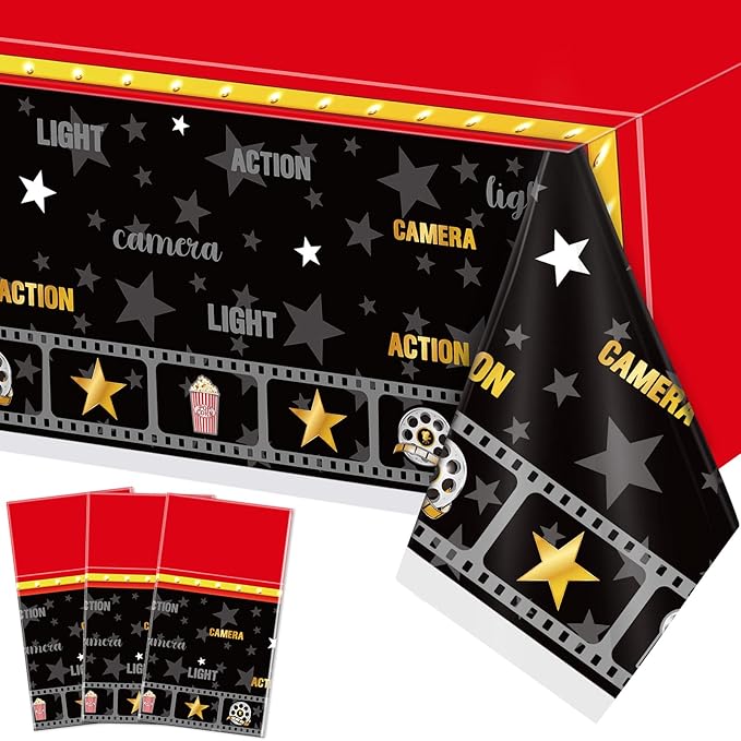 Irenare 3 Pieces Movie Night Tablecloth Party Decorations Plastic Table Covers Movie Theater Table Cloth for Red Carpet Theme Birthday Party Supplies, 51 x 87 Inch