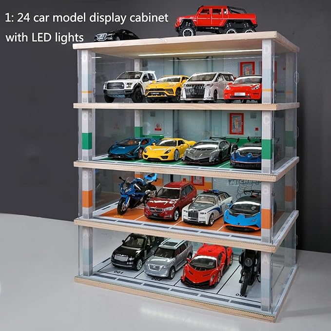 Diecast Car Model Display Case 4 Tiers 1:24 Scale,with LED Light and Acrylic Dust Cover Toys Car Model Display Stand ,Parking Lot Scene Hot Diecast Wheels Collectible Car Model Storage Cabinet
