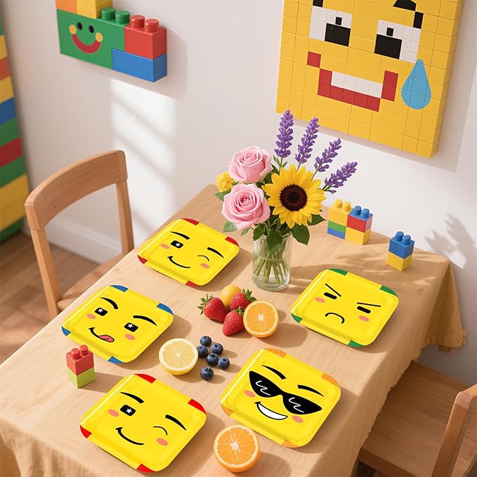 60Pcs Building Birthday Party Paper Plates 7 Inch Disposable Heavy Duty Yellow Character Face Block Plates Cartoon Building Party Decorations Favors for Games Birthday Party Supplies
