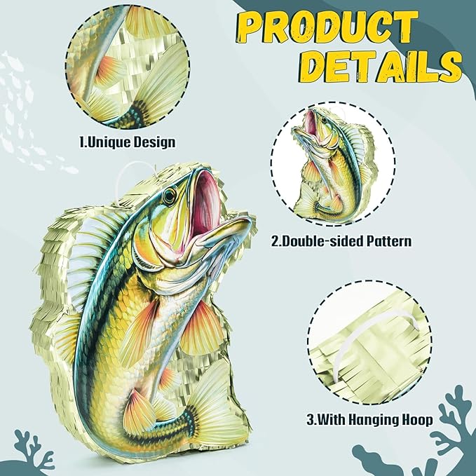 WERNNSAI Fish Piñata - Fishing Game Piñata Ocean Piñata Under the Sea for Boy Adult Party Decoration Summer Pool Party Game Supplies Favors with Bat Blindfold
