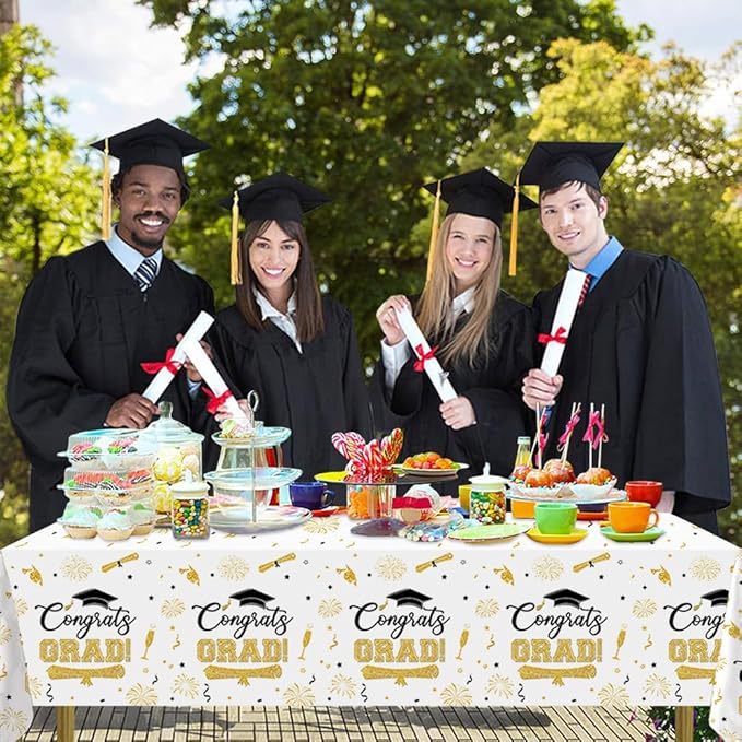 3 Pcs Graduation Tablecloth Decorations White Gold Congrats Grad Disposable Table Cover Class of 2026 Graduation Plastic Tablecloth Table Cover Decorations 108 x 54 Inch