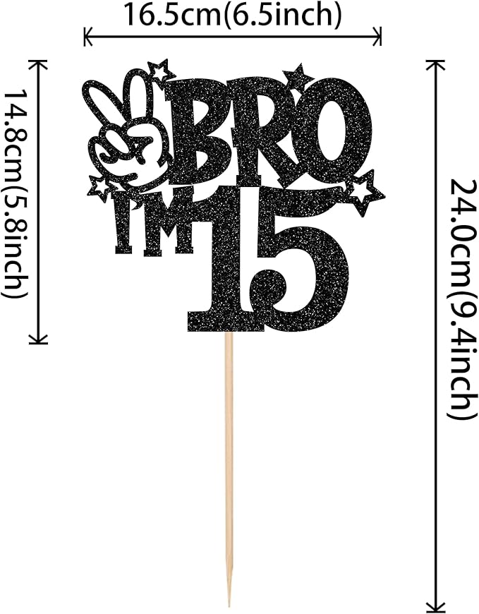 1 PCS Brother I'm 15 Cake Topper Glitter Star Happy 15th Birthday Cake Pick Bro I'm 15 Cake Decoration It's My 15th Birthday Decorations for Boys Cheers to 15 Years Old Birthday Party Supplies Black