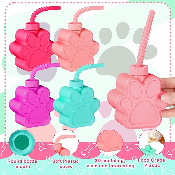 Sratte 12 Pieces 10 oz Dog Paw Cups for with Straw and Lid Dog Theme Birthday party Plastic Puppy Paw Print Drinking Cups for Pet Theme Party Supplies Decorations