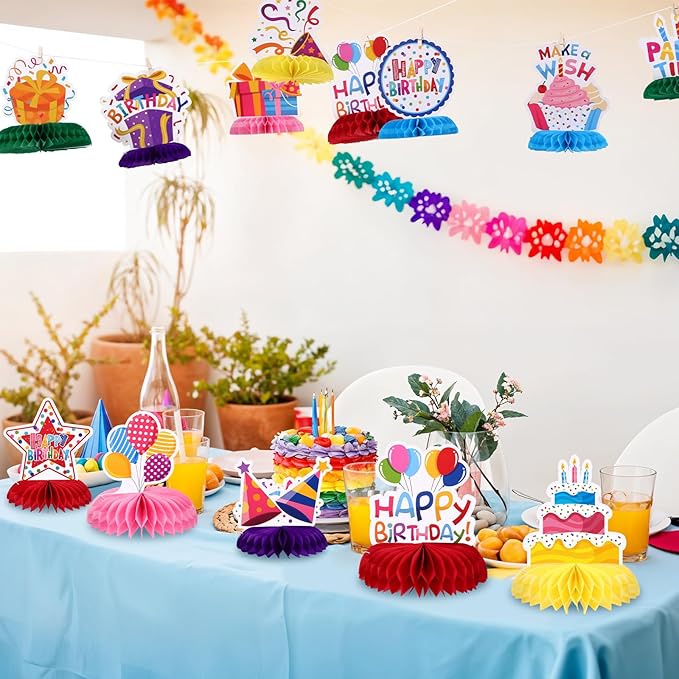 12 Pieces Birthday Table Decorations Colorful Happy Birthday Table Centerpieces Party Honeycomb Centerpieces Table Toppers for Kids Party Supplies