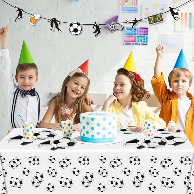 Soccer Party Tableware ,16 Plates and 16 Napkins and Tablecloth 71 '' x 42 ''Soccer Sports Themed Birthday Decorate Supplies