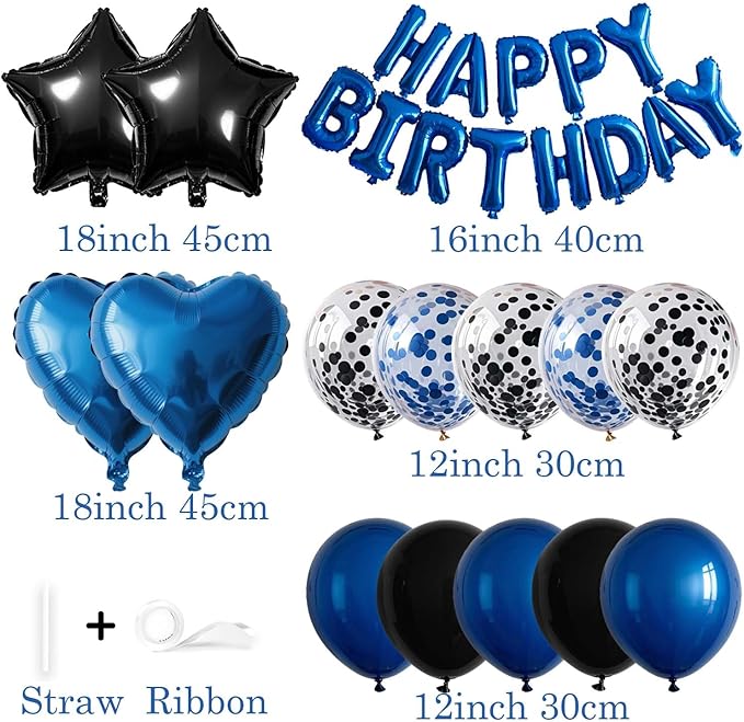 27 Pcs Blue Black Birthday Decorations, 3D Letters Blue Happy Birthday Balloon Banner, Pentagram Heart Foil Balloons Confetti Balloons Kit For Boys Girls Party Supplies