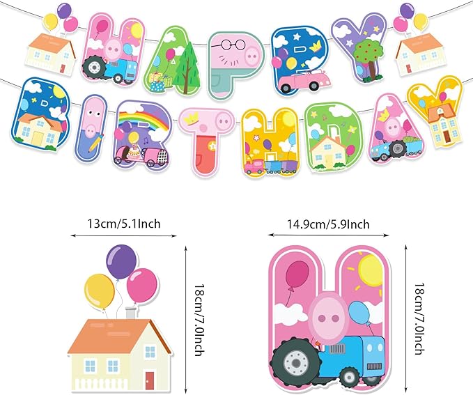 Pink Pig Birthday Party Supplies,Birthday Banner Cake Toppers Balloons,Pink Pig Theme Party Decorations