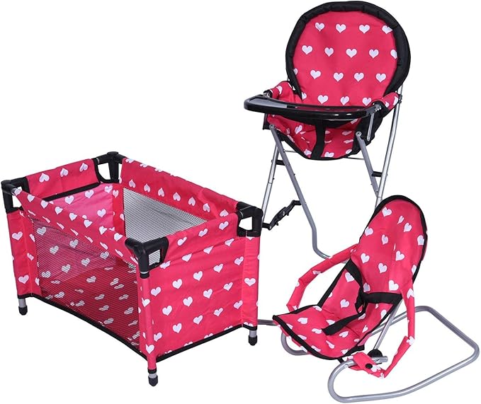 Mega Baby Doll Accessories Set, 3-1 Baby Doll Crib, Baby Doll High Chair & Bouncer Seat. 18 inch Doll Accessories with Doll Bed. 18" Dolls Furniture Play Stuff. Toys for Girls Ages 3-5,4-6,5-7,8-10