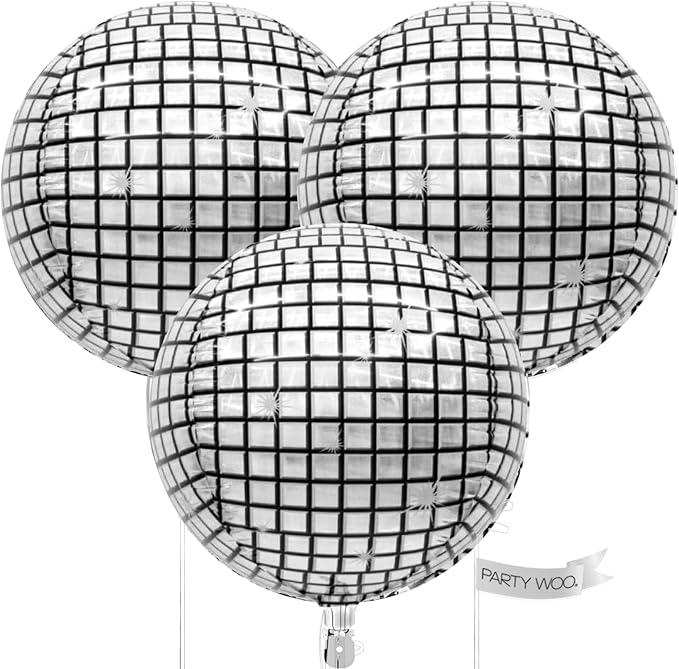 PartyWoo Silver Disco Ball Foil Balloons 3pcs 50 Inch Large Round Foil Big Giant 4D Jumbo Inflatable Mirror Ball Mylar Balloons for Graduation Birthday Engagement Space Themed Party Decorations