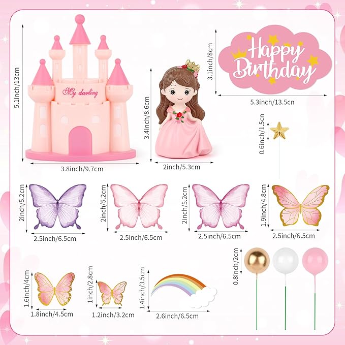 Hooqict 33PCS Princess Cake Decorations Set with Butterflies, Balls, Castle Cake Toppers & Cupcake Toppers for Girls Princess Birthday Party Decorations Tea Party Supplies