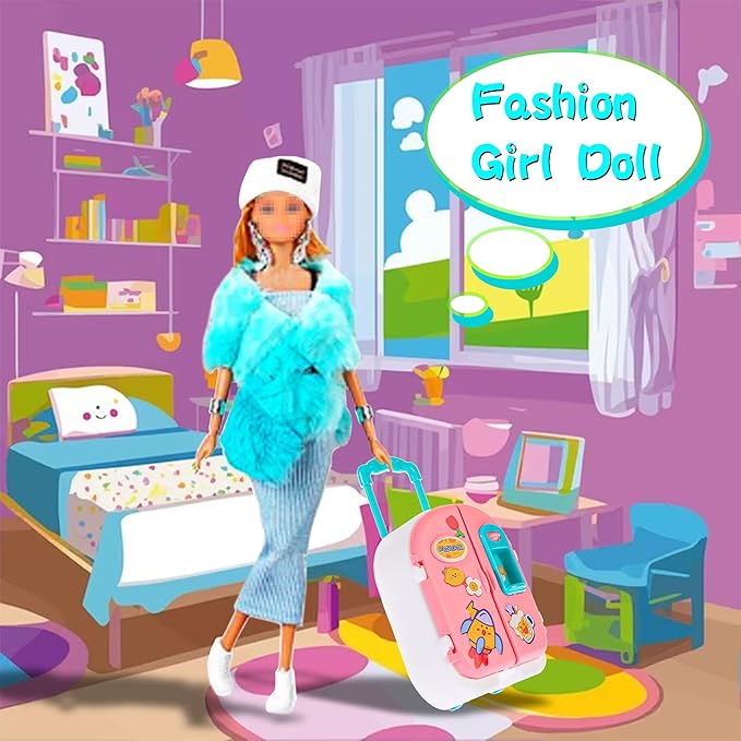 ebuddy 11.5 inch Doll Closet Playset with 106 pcs Clothes and Accessories for Girls 6-12 Including one Doll, Closet, Stylish Blue Set, Luggage, Shoe Rack, Wedding Gowns