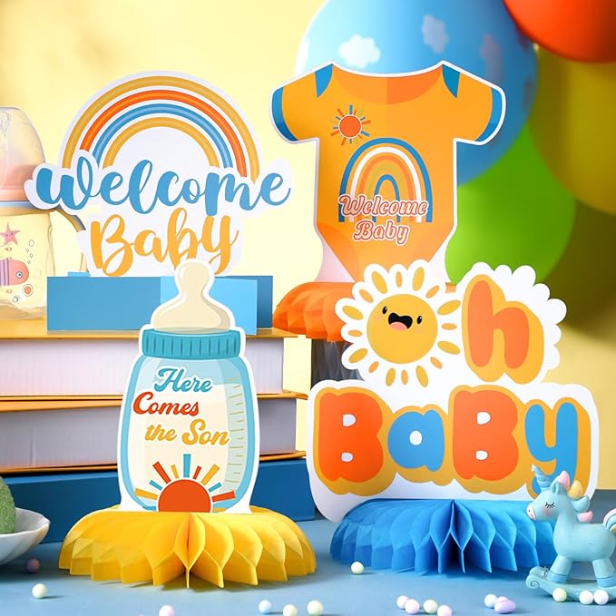 12 Pcs Here Comes The Son Baby Shower Decorations Honeycomb Centerpieces Welcome Here Comes The Son Table Decoration Sunshine Rainbow Bottle Stroller Table Topper for Baby Shower Party Favor