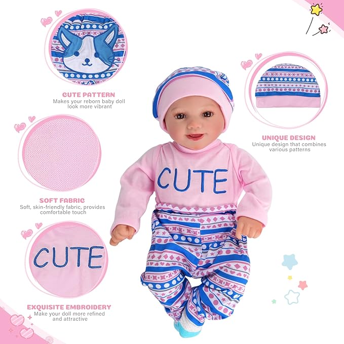 BABESIDE 4 Pcs Reborn Baby Doll Clothes Set for 17-22 Inch Babydolls, Cute Cat Pattern Baby Doll Accessories with Hat Socks for Realistic Baby Dolls Accessories, Pink
