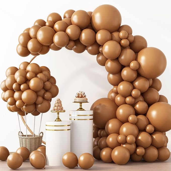 RUBFAC Tan Balloons 129pcs Different Sizes Pack of 18 12 10 5 Inch, Latex Boho Neutral Light Brown Coffee Balloon Garland Arch Kit for Wedding Baby Shower Jungle Safari Fall Birthday Bear Themed Party
