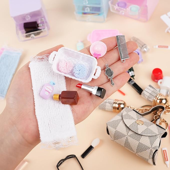 77Pcs Dollhouse Bathroom Accessories Set - Miniature Makeup & Toiletries with Storage Cases, Handbag, Hair Dryer - 1:12 Scale Doll House Decor for Girls