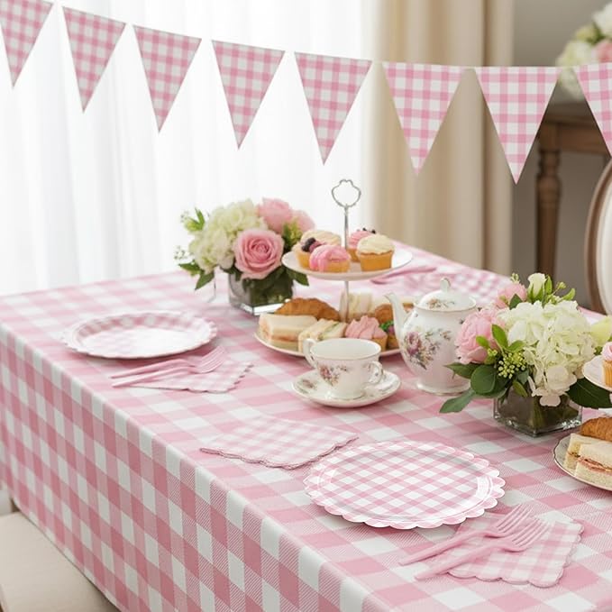 102 PCS Pink Gingham Party Supplies - Scalloped Plates, Napkins, Cups, Forks, Banner, Gingham Tablecloth for Baby Shower, Birthday, Pink Party Decorations, Serves 25