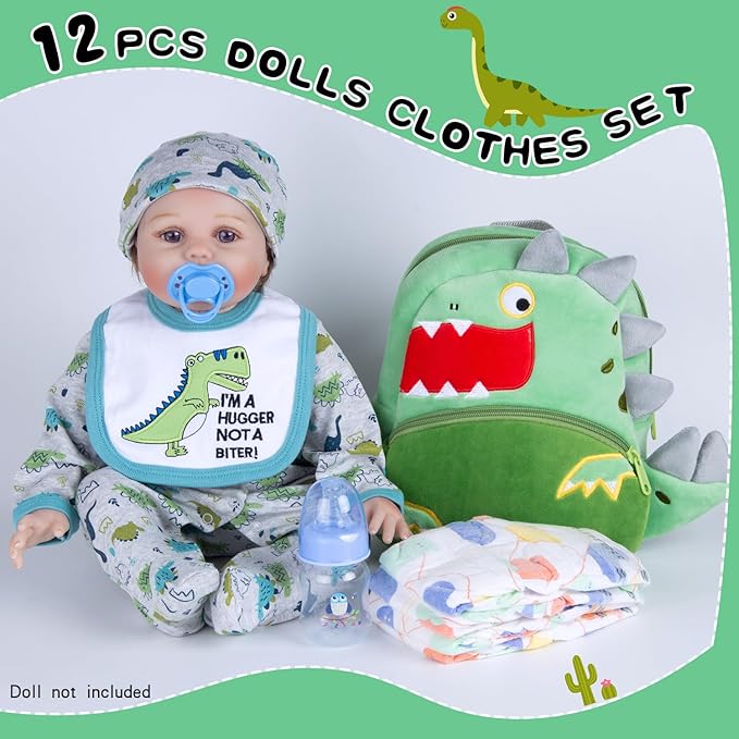 12 Pcs Reborn Baby Doll Accessories Boy 17-22 Inch Reborn Baby Boy Doll Clothes with Backpack Diapers, Cute Dinosaur Design, Babies Pretend Play Set