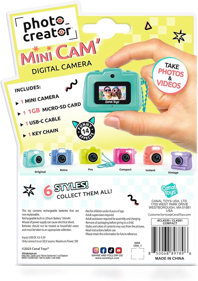 Photo Creator Mini’Cam Compact Digital Camera - Pink; Customize with 6 Frames and 8 Built-in Color Filters; Compact; 1GB Micro-SD Card Included
