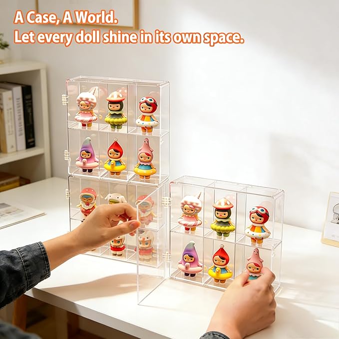6 Compartment Acrylic Display Case for Collectibles -Stackable Display Box with Lid, Clear Plastic Storage Bins for Action Figures, Dolls, Toys, Miniatures, Hobby Figures