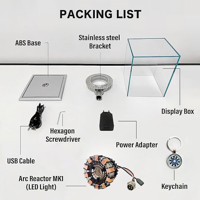 Arc Reactor MK1-1:1 Scale, USB Powered LED Light with Vibration Sensor, No Assembly, Display Case Included