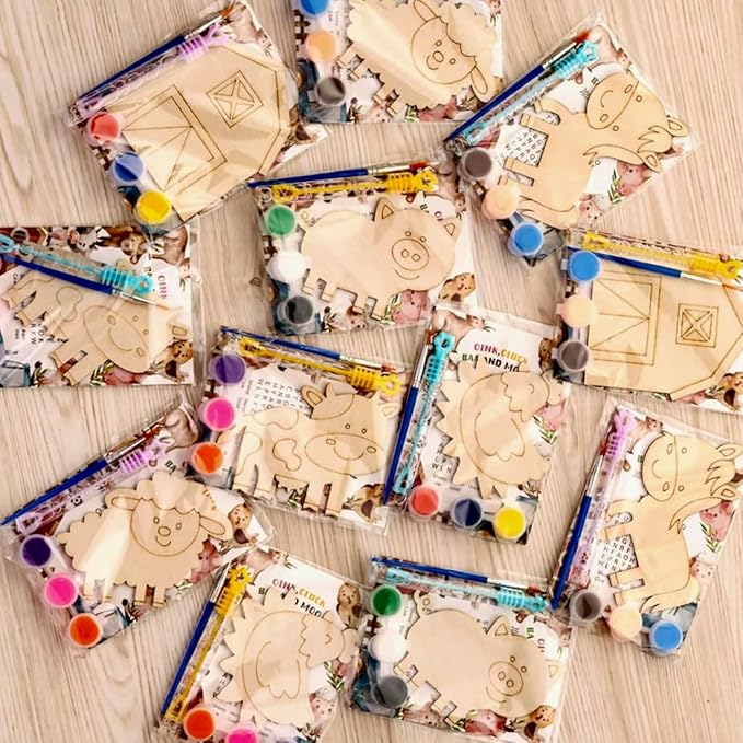GEECOZYLIFE Farm Party Favors - 12 PCS Farm Animals with Art Supplies - Farm Barnyard Wooden Painting Kit with Bubble Wands - Kids Birthday Boys Girls Gifts Bulk