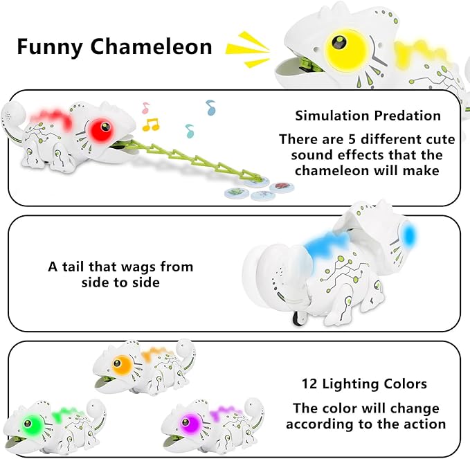 Interactive Remote Control Chameleon Simulation Toy for Kids - 2.4GHz RC Reptile with 5 Sound Effects, 12 Color Lights, Extending Tongue & Wagging Tail, Children Aged 3-12 Discovery Toys (White)