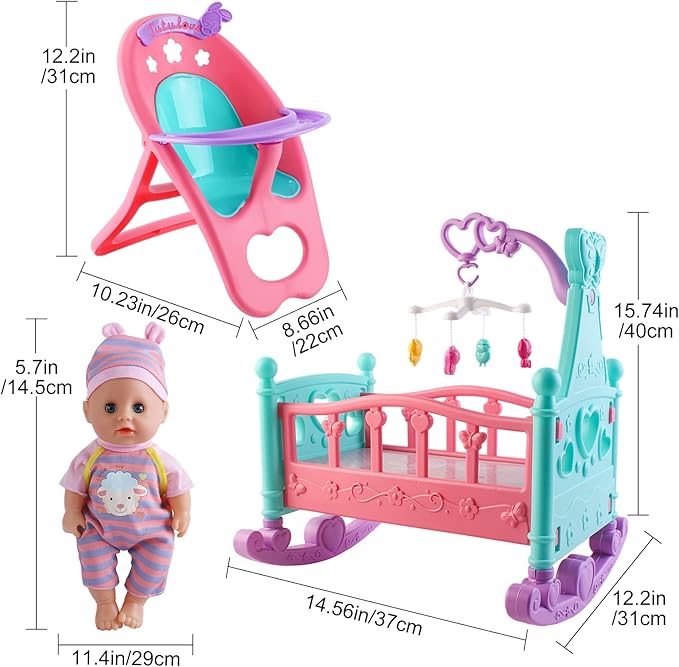 deAO Baby Doll Set with Crib Bed High Chair Stroller Baby Doll Accessories 20 Pieces Play Set Birthday for Girls Boys Kids
