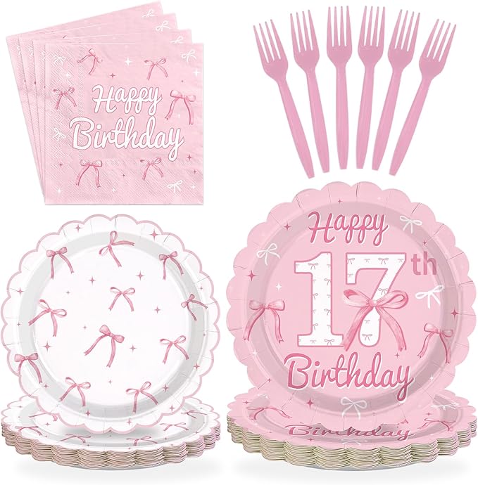 96Pcs Pink Bow Party Supplies Coquette 17th Birthday Party Plates and Napkins Disposable Bow Themed Tableware Set for Girl Happy 17th Birthday Baby Shower Decorations, Serves 24