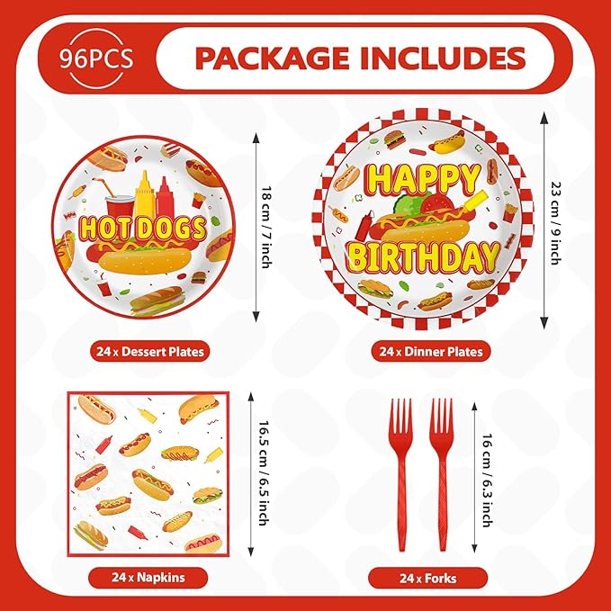 Grencian 96Pcs Hot Dog Birthday Party Supplies Fast Food Party Plates and Napkins Disposable Hotdog Birthday Decorations Tableware Set for Adults Kids Picnic Baby Shower Sausage BBQ Serves 24