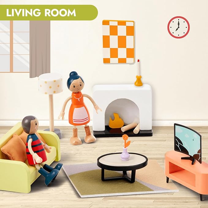 Giant bean 85pcs Wooden Plastic Dollhouse Furniture Set for 6 Rooms, Modern Dollhouse Accessories Pretend Play Furniture Toys for Boys Girls Toddlers & Kids 3 4 5 6 7 Years and up