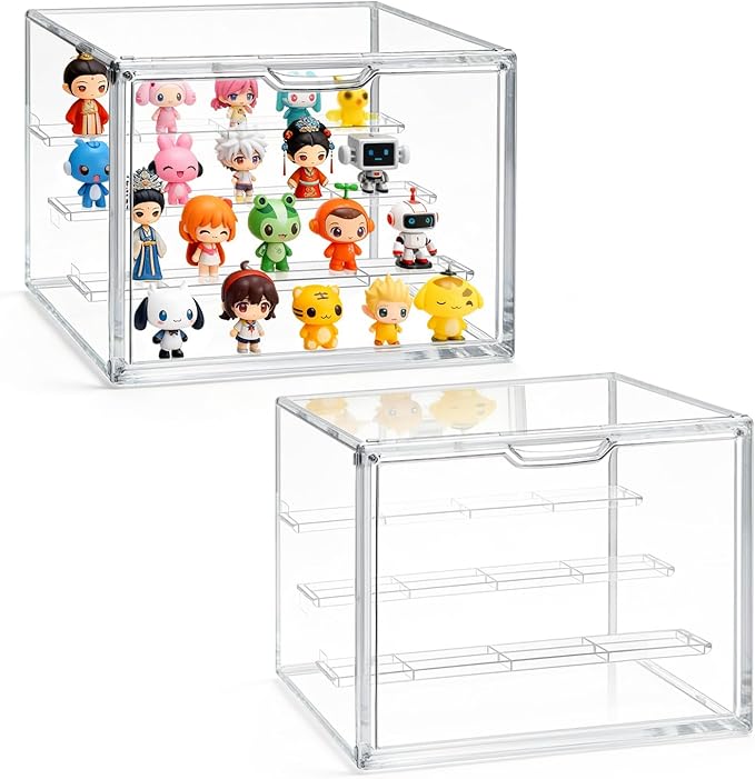 Clear Acrylic Display Case for Collectibles Storage Box 4 Tiers Stackable Showcase with 3 Movable Plates,Magnetic Door for Action Figures Mini Potted Plants Blind Box (2 Packs,XL,14.2"x 8.7"x 10.6")