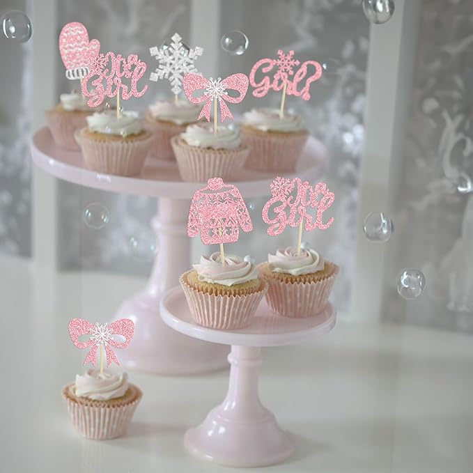 24Pcs Snowflake It's a Girl Cupcake Toppers Glitter Gloves Sweater Winter Frozen Cupcake Picks Wonderland Girls Birthday Baby Shower Cake Decorations Party Supplies Pink